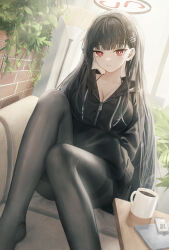 Rule 34 | 1girl, alternate costume, black hair, black hoodie, black pantyhose, blue archive, blunt bangs, breasts, cleavage, closed mouth, coffee mug, commentary request, couch, cup, flippy (cripine111), hair ornament, hairclip, halo, highres, hood, hoodie, indoors, large breasts, long hair, long sleeves, looking at viewer, mug, on couch, pantyhose, red eyes, rio (blue archive), sitting, solo, thighband pantyhose, zipper pull tab