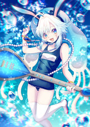 Rule 34 | 10s, 1girl, :d, animal ears, bad id, bad pixiv id, blue hair, hat, instrument, jewelry, corriente (show by rock!!), long hair, looking at viewer, necklace, one-piece swimsuit, open mouth, pearl necklace, rabbit ears, sazanami shione, school swimsuit, show by rock!!, smile, solo, swimsuit, tentacles, thighhighs, water drop, white eyes, white thighhighs