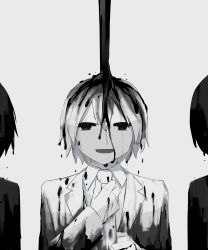 Rule 34 | 1boy, 2others, absurdres, avogado6, black eyes, commentary, empty eyes, false smile, formal, greyscale, hair between eyes, highres, liquid, looking at viewer, monochrome, multiple others, necktie, open mouth, original, short hair, smile, suit, symbolism, transformation, upper body, white background