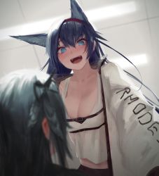 Rule 34 | 2girls, animal ears, arknights, black hair, blaze (arknights), blue eyes, blurry, blurry foreground, blush, breasts, cat ears, chest strap, cleavage, clothes writing, extra ears, full-face blush, grey hair, greythroat (arknights), hairband, highres, jacket, long hair, looking at viewer, medium breasts, multiple girls, noccu, open clothes, open jacket, open mouth, red hairband, short hair, tank top, white tank top, yuri