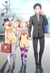 Rule 34 | 1boy, 2girls, :d, ^ ^, bag, beatrice (re:zero), black hair, blonde hair, blue bag, blue hair, bow, brown footwear, clenched teeth, closed eyes, commentary, contemporary, corrupted twitter file, drill hair, english commentary, full body, grin, hair bow, hair over one eye, hand up, highres, holding hands, interlocked fingers, loafers, multiple girls, open mouth, outdoors, pantyhose, purple pantyhose, railroad crossing, railroad signal, re:zero kara hajimeru isekai seikatsu, red bag, red bow, rem (re:zero), road, school uniform, shoes, short hair, shoulder bag, smile, striped clothes, striped pantyhose, teeth, thighhighs, twin drills, walking, white thighhighs, zerobarto
