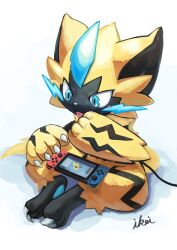 Rule 34 | 1other, animal ears, animal feet, animal hands, animal nose, artist name, black fur, blue background, blue eyes, blush, body fur, cable, cat ears, cat tail, claws, creatures (company), full body, furry, game freak, gen 7 pokemon, handheld game console, hands up, highres, ikei, knees apart feet together, legendary pokemon, licking finger, light blush, looking down, mythical pokemon, nintendo, nintendo switch, other focus, pawpads, playing games, pokemon, pokemon (creature), signature, simple background, sitting, solo, tail, tongue, tongue out, two-tone fur, whiskers, yellow fur, zeraora
