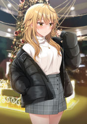 Rule 34 | 1girl, black jacket, blurry, blurry background, blush, breasts, brown eyes, brown hair, christmas, christmas ornaments, christmas tree, closed mouth, commentary request, depth of field, grey skirt, hair between eyes, hair ornament, hairclip, highres, jacket, komori kuzuyu, long hair, long sleeves, looking away, medium breasts, nao (kuzuyu), off shoulder, open clothes, open jacket, original, puffy long sleeves, puffy sleeves, shirt, skirt, sleeves past wrists, solo, turtleneck, white shirt, x hair ornament