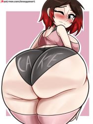 Rule 34 | 1girl, ass, bare shoulders, black hair, blush, bmayyne, breasts, embarrassed, from behind, gradient hair, grey eyes, highres, huge ass, large breasts, looking at viewer, looking back, looking down, multicolored hair, one eye closed, red hair, ruby rose, rwby, shiny clothes, shiny skin, short hair, short shorts, shorts, sideboob, solo, thick thighs, thighhighs, thighs, wince