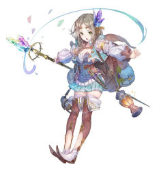 Rule 34 | 1girl, atelier (series), atelier firis, backpack, bag, blue skirt, brown hair, female focus, firis mistlud, full body, green eyes, hair ornament, holding, holding staff, lantern, looking at viewer, miniskirt, official art, open mouth, shoes, skirt, solo, staff, standing, tecmo, thighhighs, white background, white footwear, yuugen, zettai ryouiki