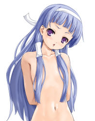 Rule 34 | 00s, 1girl, arms behind back, blue hair, blunt bangs, blush, censored, convenient censoring, covering privates, flat chest, hair censor, hair over breasts, hair tubes, hairband, head tilt, kannagi, long hair, nagi, navel, nude, nude cover, open mouth, purple eyes, q-gaku, solo, sweat