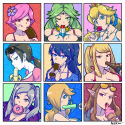Rule 34 | 6+girls, :q, akairiot, animal crossing, artist name, banana, bare shoulders, between breasts, bikini, blonde hair, blue eyes, blue hair, bottle, breasts, brown eyes, brown hair, candy, circlet, cleavage, collarbone, colored skin, column lineup, cream, crown, doughnut, drinking, earrings, eating, eclair (food), eyewear on head, fire emblem, fire emblem awakening, flower, food, food on face, fruit, green eyes, green hair, grey eyes, hair flower, hair ornament, hair over one eye, highres, hood, hooded jacket, ice cream, ice cream cone, jacket, jewelry, kid icarus, kid icarus uprising, large breasts, licking, lollipop, long hair, looking at viewer, lucina (fire emblem), mario (series), medium breasts, metroid, mouth hold, multiple girls, mushroom, necklace, nintendo, odd one out, one eye closed, open mouth, palutena, pastry, phallic symbol, pink hair, pointy ears, ponytail, popsicle, princess peach, princess zelda, robin (female) (fire emblem), robin (fire emblem), robin (male) (fire emblem), rosalina, samus aran, sexually suggestive, shirt, short hair, signature, simple background, smile, sunglasses, super mario bros. 1, super mario galaxy, super smash bros., swimsuit, t-shirt, teeth, the legend of zelda, the legend of zelda: twilight princess, tongue, tongue out, twintails, villager (animal crossing), white skin, wii fit, wii fit trainer, wii fit trainer (female), yellow eyes
