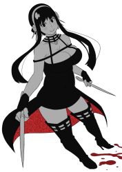 Rule 34 | 1girl, black dress, black footwear, black gloves, black hair, blood, blush, boots, breasts, cleavage, dress, earrings, fingerless gloves, gloves, greyscale, hairband, high heel boots, high heels, holding, holding weapon, jewelry, monochrome, smile, solo, spot color, spy x family, tetrodotoxin, two-sided dress, two-sided fabric, weapon, white background, yor briar
