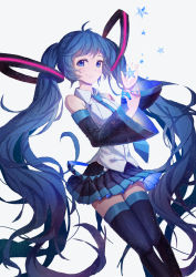 Rule 34 | 1girl, absurdly long hair, blue eyes, blue hair, detached sleeves, hatsune miku, highres, lengchan (fu626878068), long hair, looking at viewer, matching hair/eyes, necktie, skirt, smile, solo, star (symbol), thighhighs, twintails, very long hair, vocaloid, white background