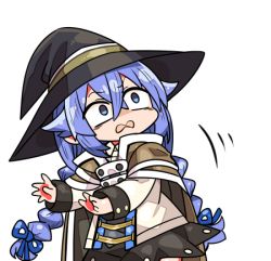 Rule 34 | 1girl, black hat, black skirt, blue eyes, blue hair, blue ribbon, braid, brown cape, cape, chibi, commentary request, hair between eyes, hair flaps, hair ribbon, hat, kanikama, long hair, long sleeves, looking away, looking to the side, low twintails, lowres, mushoku tensei, ribbon, roxy migurdia, shirt, simple background, skirt, solo, twin braids, twintails, very long hair, wavy mouth, white background, white shirt, witch hat