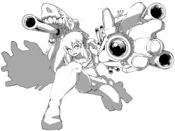 Rule 34 | 10s, 1girl, abyssal ship, aiming, aiming at viewer, boots, cannon, collar, covered eyes, foreshortening, giant hand, greyscale, hair between eyes, hair ornament, hairclip, helmet, helmet over eyes, kantai collection, kneeling, long hair, looking away, lpmarz, mechanical arms, monochrome, navel, no headwear, on one knee, panties, pantyshot, sidelocks, single mechanical arm, skirt, solo, teeth, tsu-class light cruiser, underwear