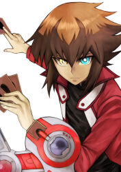 Rule 34 | 1boy, black shirt, blue eyes, brown hair, card, duel disk, hair between eyes, heterochromia, holding, holding card, jacket, male focus, multicolored hair, open clothes, open jacket, red jacket, serious, shirt, short hair, solo, two-tone hair, upper body, usui natrium, white background, yellow eyes, yu-gi-oh!, yu-gi-oh! gx, yuki judai