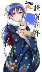 Rule 34 | 1girl, 2018, akeome, animal, blue hair, blush, commentary request, cowboy shot, dog, floral print, flower, hair between eyes, hair flower, hair ornament, happy new year, highres, holding, holding animal, japanese clothes, kimono, long hair, long sleeves, looking at viewer, love live!, love live! school idol festival, love live! school idol project, new year, simple background, smile, solo, sonoda umi, wide sleeves, yellow eyes, yopparai oni