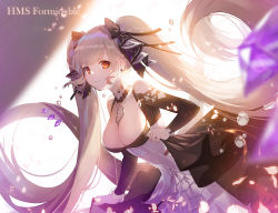 Rule 34 | 1girl, apple caramel, azur lane, bare shoulders, between breasts, black dress, blonde hair, blush, breasts, character name, cleavage, closed mouth, dress, earrings, flight deck, floating hair, formidable (azur lane), frilled dress, frills, hair ornament, hair ribbon, highres, jewelry, large breasts, leaning forward, long hair, long sleeves, looking at viewer, red eyes, revision, ribbon, rigging, skindentation, skirt hold, smile, solo, twintails