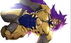 Rule 34 | 1boy, bara, bhima (fate), bhima (third ascension) (fate), bodysuit, bodysuit under clothes, covered abs, covered navel, dark-skinned male, dark skin, fate/grand order, fate (series), full body, grin, highres, l m00g, large pectorals, long hair, looking at viewer, male focus, midair, muscular, muscular male, pectorals, purple eyes, purple hair, sideways, smile, solo, thick eyebrows, thick thighs, thighs, very long hair, white background
