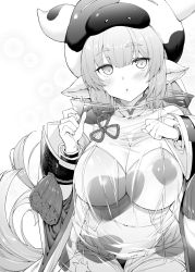 Rule 34 | 1girl, animal ears, animal print, bare shoulders, bikini, blush, breasts, catura (granblue fantasy), cleavage, cow ears, cow girl, cow hat, cow horns, cow print, detached collar, detached sleeves, draph, ear piercing, granblue fantasy, greyscale, highres, horns, large breasts, long hair, looking at viewer, monochrome, mushi024, navel, open mouth, piercing, pointy ears, see-through, short shorts, shorts, sitting, solo, swimsuit, thighs, wide sleeves