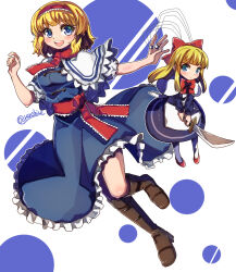 Rule 34 | 2girls, alice margatroid, ascot, black dress, blonde hair, blue dress, blue eyes, boots, brown footwear, capelet, commentary, dress, hairband, highres, holding, holding knife, knife, lolita hairband, long hair, looking at viewer, multiple girls, one-hour drawing challenge, red ascot, red footwear, red hairband, renshirenji, shanghai doll, short hair, touhou, white capelet