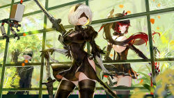 Rule 34 | 2b (nier:automata), 9s (nier:automata), black blindfold, black dress, black hairband, blindfold, boots, breasts, canking, cleavage cutout, clothing cutout, crack, cracked glass, dress, feather-trimmed sleeves, feather trim, gloves, greenhouse, hairband, headgear, high heel boots, high heels, highleg, highleg leotard, highres, holding, holding sword, holding weapon, juliet sleeves, katana, leather, leather boots, leotard, long sleeves, lucia: dawn (punishing: gray raven), lucia (punishing: gray raven), md5 mismatch, mechanical arms, medium breasts, mole, multicolored hair, nier:automata, nier (series), pleated dress, pod (nier:automata), pouch, prosthesis, prosthetic arm, puffy sleeves, punishing: gray raven, red scarf, resolution mismatch, scarf, silver hair, source smaller, sword, thigh boots, thigh pouch, thighhighs, thighhighs under boots, vambraces, weapon, white leotard