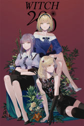 Rule 34 | 3girls, alice margatroid, alternate costume, text background, bare shoulders, black footwear, black gloves, black shirt, black shorts, black skirt, black thighhighs, blonde hair, blue flower, blue shirt, commentary, english text, flower, gloves, grey shirt, high heels, highres, kirisame marisa, long hair, multiple girls, off-shoulder shirt, off shoulder, orange flower, patchouli knowledge, pumps, purple flower, red background, reeh (yukuri130), shirt, shoes, short hair, shorts, simple background, single glove, skirt, sleeveless, sleeveless shirt, stiletto heels, thighhighs, touhou, yellow eyes, yellow flower