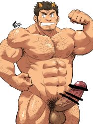 Rule 34 | 1boy, abs, arm hair, bar censor, bara, biceps, black hair, censored, chest hair, completely nude, cowboy shot, cross scar, erection, facial hair, flexing, hairy, highres, horns, houzouin oniwaka, large pectorals, leg hair, long sideburns, looking at viewer, male focus, male pubic hair, muscular, muscular male, navel, navel hair, nipples, nude, oni horns, pectorals, penis, pubic hair, scar, scar on face, scar on forehead, shirako (kirupi), short hair, sideburns, solo, stubble, testicles, thick eyebrows, thick thighs, thighs, tokyo houkago summoners, veins, veiny penis