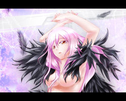 Rule 34 | 10s, 1girl, arms up, black feathers, breasts, cross, feathers, female focus, gradient background, guilty crown, jinkou tenshi, letterboxed, long hair, nail polish, nude, pink hair, solo, upper body, yellow eyes, yuzuriha inori