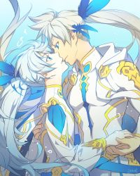 Rule 34 | 10s, 2boys, alternate costume, alternate hairstyle, bishounen, blue eyes, blue hair, couple, cowboy shot, eye contact, grey hair, highres, holding hands, hug, imminent kiss, light blue hair, long hair, looking at another, looking down, looking up, male focus, mikleo (tales), multiple boys, neck, official alternate costume, parted lips, smile, sorey (tales), surprised, tales of (series), tales of zestiria, underwater, yaoi, zehel az