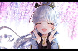 Rule 34 | 1girl, :d, ^ ^, absurdres, armor, ayaka (genshin impact), blunt bangs, blurry, bow, breastplate, choker, closed eyes, collarbone, commentary request, depth of field, genshin impact, grey hair, hair bow, hair ornament, hair ribbon, highres, japanese clothes, letterboxed, long hair, looking at viewer, mayu (sh-n-9), open mouth, ponytail, ribbon, short sleeves, sidelocks, smile, solo, tress ribbon, wind