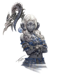 Rule 34 | &gt;:), 1girl, au ra, bare shoulders, blue eyes, blue jacket, bracelet, collar, colored skin, commentary, cropped jacket, cropped torso, crossed arms, curled horns, detached sleeves, dragon horns, final fantasy, final fantasy xiv, grey skin, hand on own arm, horns, jacket, jewelry, long hair, looking at viewer, niji2468, sadu dotharl, scales, signature, simple background, smile, solo, staff, upper body, v-shaped eyebrows, wavy hair, weapon, weapon on back, white background, white collar, white hair