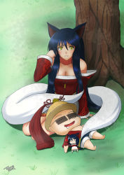 Rule 34 | 1boy, 1girl, ahri (league of legends), animal ears, artist self-insert, bare shoulders, blue hair, blush, breasts, cleavage, detached sleeves, fox ears, fox tail, league of legends, long hair, multiple tails, open mouth, saliva, signature, smile, tail, tonnelee, tree, yellow eyes