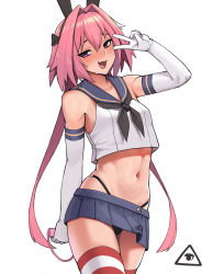 Rule 34 | 1boy, astolfo (fate), black neckwear, black panties, blue skirt, bow, bulge, cosplay, donburi (donburikazoku), elbow gloves, erection, erection under clothes, fake tail, fang, fate/apocrypha, fate/grand order, fate (series), gloves, hair bow, highres, kantai collection, male focus, naughty face, neckwear request, panties, pink eyes, pink hair, sex toy, shimakaze (kancolle), shimakaze (kancolle) (cosplay), simple background, skin fang, skirt, striped clothes, striped legwear, striped thighhighs, sweat, tail, thighhighs, thong, trap, underwear, vibrator, vibrator under clothes, white background, white gloves