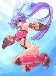 Rule 34 | 1girl, :d, bare shoulders, boots, clenched hands, detached sleeves, female focus, leg warmers, light purple hair, long hair, looking at viewer, moon, navel, night, no panties, open mouth, original, pink footwear, ponytail, smile, solo, umiushi