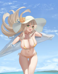 Rule 34 | 1girl, :d, beach, bikini, blonde hair, blue archive, blue sky, blush, breasts, cleavage, cloud, cloudy sky, collarbone, day, floating hair, front-tie bikini top, front-tie top, green eyes, hat, horizon, large breasts, leaning forward, long hair, looking at viewer, navel, nonomi (blue archive), nonomi (swimsuit) (blue archive), ocean, off shoulder, open mouth, outdoors, ribbon, see-through, shirt, shore, side-tie bikini bottom, sky, smile, solo, sun hat, swimsuit, thigh gap, water, waves, white shirt, wind, yellow bikini, zi se