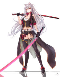 Rule 34 | 1girl, absurdres, animal ears, belt, black footwear, black gloves, black jacket, black shorts, black thighhighs, boots, breasts, cat ears, cleavage, collarbone, commentary request, dual wielding, full body, gloves, grey hair, high heel boots, high heels, highres, holding, holding sword, holding weapon, jacket, katana, large breasts, long hair, long sword, looking at viewer, midriff, navel, original, red eyes, short shorts, shorts, simple background, solo, standing, sword, thigh boots, thighhighs, weapon, wei xiao, white background, white belt