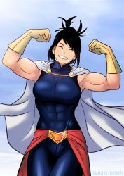 Rule 34 | 1girl, abs, biceps, black hair, bodysuit, boku no hero academia, cape, closed eyes, cloud, commission, elee0228, flexing, gloves, highres, muscular, muscular female, red gloves, shamserg, shimura nana, short hair, sky, smile, solo, teeth, third-party edit, tight clothes, watermark, white cape
