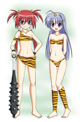 Rule 34 | 2girls, :d, abs, agito, agito (nanoha), ahoge, animal print, armband, arms behind back, bandages, bandeau, barefoot, bikini, blue hair, blush, body blush, breasts, clenched hand, club, club (weapon), cosplay, covered erect nipples, feet, flat chest, green background, grin, groin, hair between eyes, hair ornament, hand on hilt, hand on own hip, highres, horns, jabujabu, kanabou, leg warmers, long hair, looking at viewer, low twintails, lowleg, lowleg bikini, lum, lyrical nanoha, mahou shoujo lyrical nanoha, mahou shoujo lyrical nanoha strikers, multiple girls, navel, oni, open mouth, parted bangs, pointy ears, purple eyes, quad tails, red hair, reinforce zwei, ribs, sarong, scrunchie, short twintails, single horn, small breasts, smile, spiked club, standing, striped clothes, striped sarong, swimsuit, thigh gap, tiger print, twintails, underboob, urusei yatsura, very long hair, weapon, wristband, x hair ornament