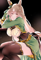 animal_ears ascot black_ascot black_corset black_thighhighs blouse breasts brown_eyes brown_hair corset cropped_jacket from_side green_jacket green_ribbon green_skirt hair_ribbon half_updo highres horse_ears horse_girl jacket large_breasts long_hair looking_at_viewer ribbon satono_diamond_(umamusume) sdwing shirt skirt smile thighhighs umamusume white_shirt