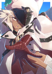 Rule 34 | 1girl, bandaged arm, bandages, cape, clover, dark-skinned female, dark skin, four-leaf clover, guilty gear, guilty gear strive, hat, hat over one eye, highres, long hair, looking at viewer, orange eyes, ramlethal valentine, red bandage, shorts, solo, strail cycleman, white hair