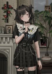Rule 34 | 1girl, absurdres, belt, belt collar, black belt, black bow, black ribbon, black shirt, black skirt, black thighhighs, body writing, bow, bracelet, brown hair, closed mouth, collar, cowboy shot, cross, finger to own chin, flower, friedrich engels, gishiki (gshk), hair bow, hand up, head tilt, highres, index finger raised, indoors, inverted cross, jewelry, jolly roger, karl marx, latin cross, light smile, looking at viewer, miniskirt, neck ribbon, o-ring, original, pin, plant, pleated skirt, potted plant, red flower, ribbon, shirt, short sleeves, skirt, solo, spiked belt, spiked bracelet, spikes, standing, thigh strap, thighhighs, twintails, yellow eyes