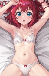 Rule 34 | 1girl, aqua eyes, armpits, arms up, blush, bow, bow bra, bow panties, bra, breasts, cameltoe, check commentary, cleavage, collarbone, commentary request, from above, highres, kurosawa ruby, lingerie, looking at viewer, love live!, love live! sunshine!!, lying, navel, on back, open mouth, panties, petchti, rabineru, red hair, short hair, small breasts, solo, two side up, underwear, underwear only, white bra, white panties