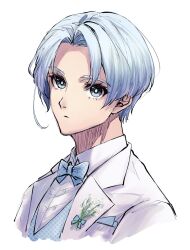 Rule 34 | 1boy, blue bow, blue bowtie, blue eyes, blue hair, blue lock, bow, bowtie, bright pupils, character request, check character, check copyright, closed mouth, collared shirt, copyright request, formal, haru ( 266hr), highres, lapels, looking at viewer, male focus, notched lapels, portrait, shirt, short hair, simple background, solo, white background, white pupils, white shirt, you hiori