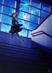 Rule 34 | 1girl, arm up, conductor baton, black hair, blazer, conductor, dutch angle, closed eyes, indoors, jacket, mocha (cotton), nebula, night, night sky, odoriba hime concerto, original, outstretched arms, pantyhose, plaid, plaid skirt, railing, scenery, school uniform, shadow, short hair, signature, skirt, sky, solo, stairs, stairwell, standing, standing on one leg, star (sky), starry sky, technoheart, window
