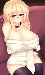 Rule 34 | 1girl, bare shoulders, blonde hair, blush, breasts, cleavage, collar, curvy, covered erect nipples, glasses, highres, kubiwa (kutan), kutan, large breasts, long hair, looking at viewer, original, red eyes, ribbed sweater, sitting, solo, sweater, thighhighs, wide hips