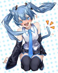 Rule 34 | 1girl, absurdres, animal ear fluff, animal ears, bare shoulders, black thighhighs, blue eyes, blue hair, blue nails, blue necktie, blush, boots, breasts, cat ears, cat tail, collared shirt, commentary, detached sleeves, embarrassed, fangs, furrowed brow, gozenjuziame, hair between eyes, hair ornament, hatsune miku, highres, long hair, looking at viewer, making-of available, nail polish, necktie, open mouth, pleated skirt, polka dot, polka dot background, shirt, simple background, skirt, sleeveless, solo, tail, thigh boots, thighhighs, twintails, v-shaped eyebrows, vocaloid, zettai ryouiki