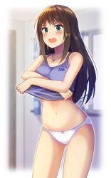 Rule 34 | 1girl, bare arms, bare shoulders, blue shirt, blurry, blurry background, blush, breasts, brown hair, clothes lift, collarbone, commentary request, green eyes, idolmaster, idolmaster cinderella girls, jewelry, large breasts, lifting own clothes, long hair, looking at viewer, navel, necklace, open mouth, panties, shibuya rin, shirt, shirt lift, sleeveless, sleeveless shirt, solo, underwear, white panties, z.nov