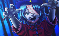 Rule 34 | 1girl, blouse, blue background, blue eyes, blue hair, dutch angle, fangs, fingernails, hat, highres, looking at viewer, matching hair/eyes, miyako yoshika, muumei, ofuda, one eye covered, open mouth, outstretched arms, reaching, reaching towards viewer, sharp fingernails, shirt, short hair, short sleeves, solo, star (symbol), teeth, touhou, tree, upper body, zombie pose