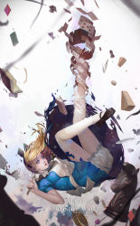 Rule 34 | absurdres, alice (alice in wonderland), alice in wonderland, apron, artist name, barefoot, blonde hair, bloomers, blue dress, blue eyes, book, bookmark, breasts, cake, cake slice, card, chess piece, chromatic aberration, club (shape), commentary, copyright name, cup, diamonds (playing card), dissolving clothes, dress, earrings, english text, falling, food, from side, full body, hairband, hearts (playing card), highres, holding, holding key, jewelry, key, kim han seul, long hair, mary janes, md5 mismatch, medium breasts, open book, parted lips, pie, playing card, resolution mismatch, shoes, short sleeves, solo, source smaller, spade (shape), tea, teacup, thighhighs, torn clothes, torn dress, underwear, white apron, white thighhighs