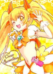 Rule 34 | 10s, 1girl, blonde hair, bow, breasts, brooch, character name, cure sunshine, hair ribbon, heart, heart brooch, heartcatch precure!, long hair, magical girl, midriff, myoudouin itsuki, navel, one eye closed, open mouth, orange bow, potpourri (heartcatch precure!), precure, ribbon, sikuhima, skirt, small breasts, twintails, underboob, wink, yellow background, yellow bow, yellow eyes