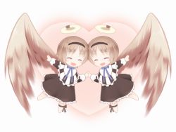 Rule 34 | 10s, 2girls, :d, ^ ^, akeyama, black dress, black ribbon, blue bow, blue bowtie, blush, bow, bowtie, brown hair, brown wings, chibi, closed eyes, dress, full body, hairband, halo, heart, heart background, holding hands, leg ribbon, long sleeves, magical girl, mahou shoujo ikusei keikaku, mahou shoujo ikusei keikaku unmarked, minael, multiple girls, open mouth, outstretched arm, ribbon, short hair, siblings, single wing, sisters, smile, twins, white background, wings, yunael
