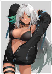 Rule 34 | 1girl, :o, armpits, arms up, azur lane, bikini, black bikini, black jacket, breasts, cleavage, commentary, commentary request, cowboy shot, dark-skinned female, dark skin, grey background, hair ornament, highres, jacket, large breasts, long hair, long sleeves, looking at viewer, massachusetts (azur lane), oregano (olgn eao), parted lips, red eyes, silver hair, simple background, solo, swimsuit, thigh strap