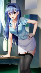 Rule 34 | 1girl, ahoge, black thighhighs, blue hair, blue hairband, blue shirt, breasts, brown eyes, cleavage, collarbone, doukyuusei another world, dress shirt, game cg, garter straps, hair between eyes, hair intakes, hairband, hand on own hip, indoors, jewelry, kakyuusei 2, layered skirt, leaning to the side, long hair, medium breasts, miniskirt, official art, open mouth, pencil skirt, pendant, pink shirt, shirt, short sleeves, side slit, skirt, solo, takatoo nanase, teacher, thighhighs, very long hair, white skirt, zettai ryouiki